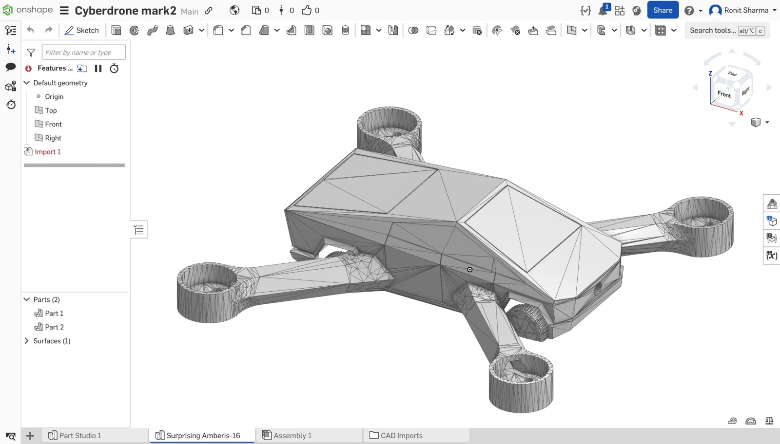 Onshape CAD model of the Cyberdrone mark2 quadcopter frame
