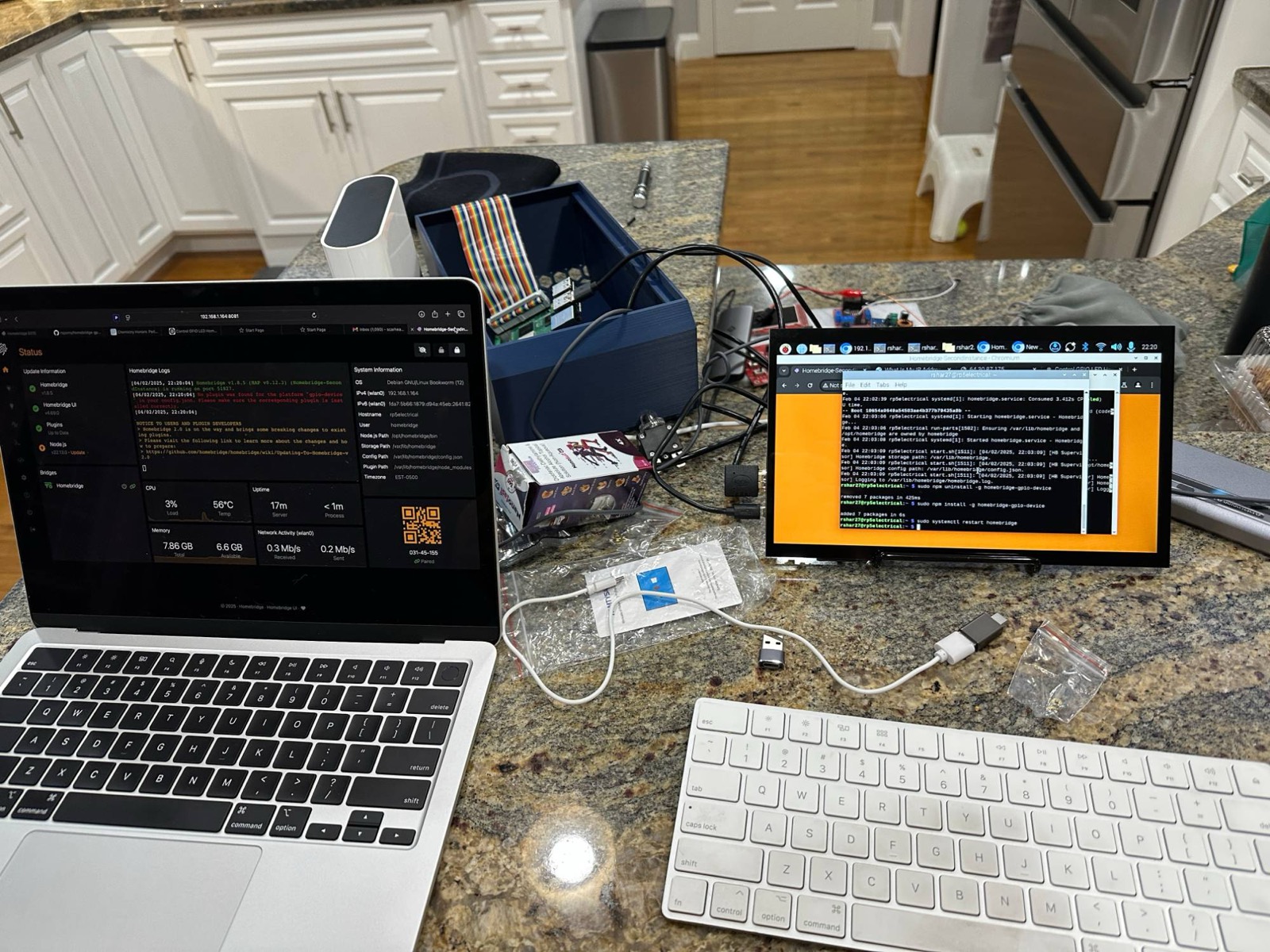 Raspberry Pi Homebridge setup with a terminal running on a small display